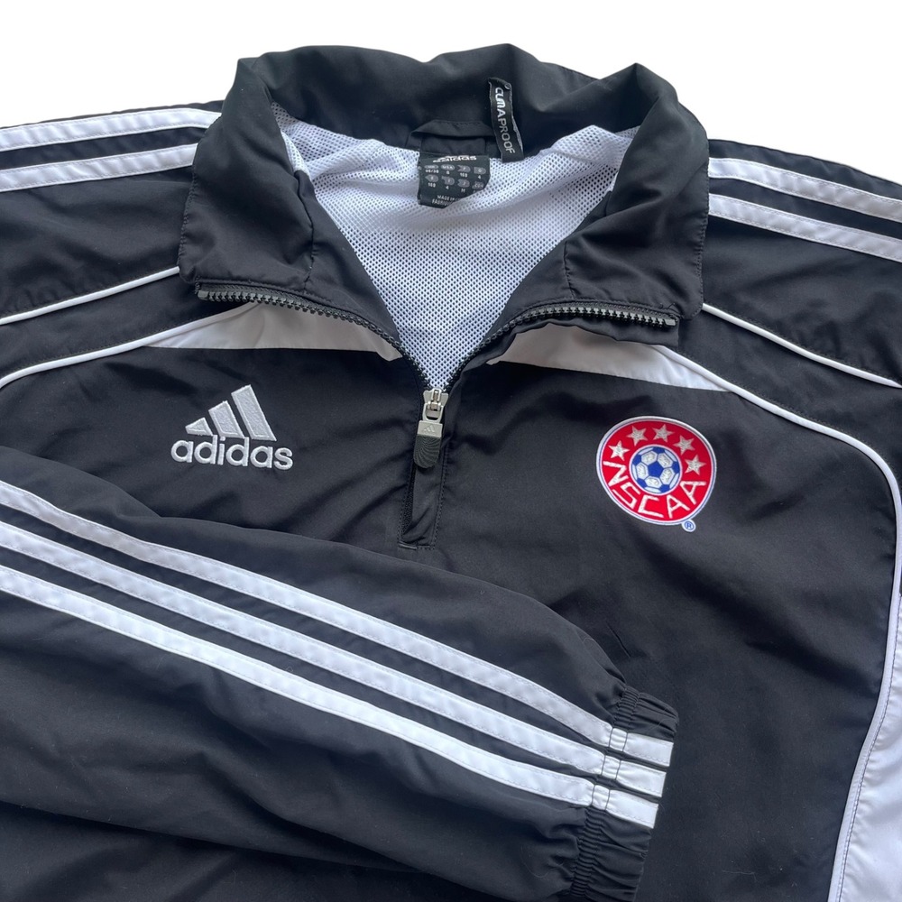 Adidas ClimaProof Mens S Black White NSCAA Soccer 1/4 Zip Windbreaker Jacket Y2K